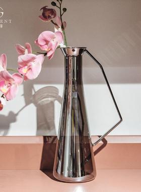 晶淳 高硼硅离子镀灰色手把壶 单支插花小口花瓶装饰多用途现代风