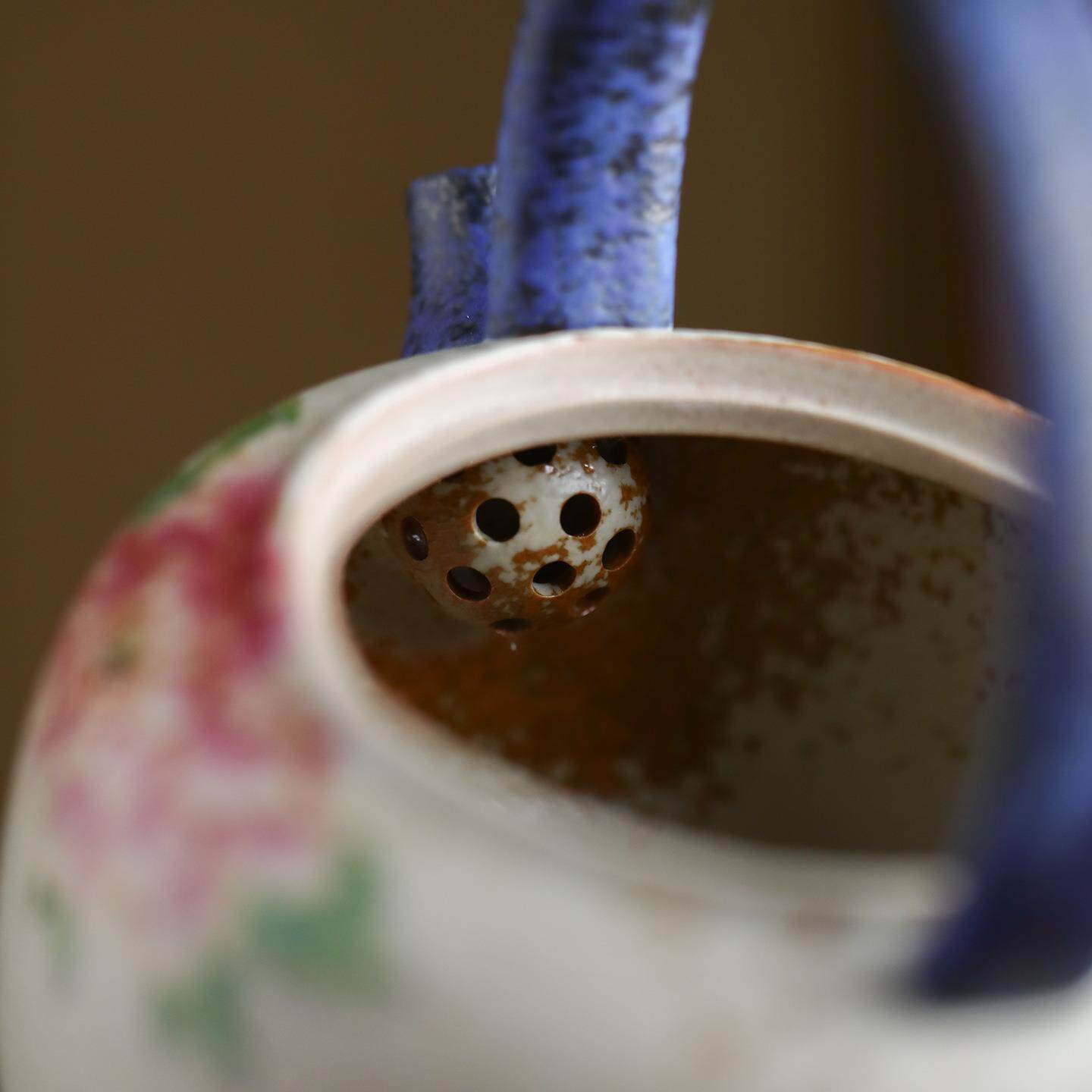 青花火石红提梁壶家用陶瓷简约过滤茶壶单壶中式复古泡茶器