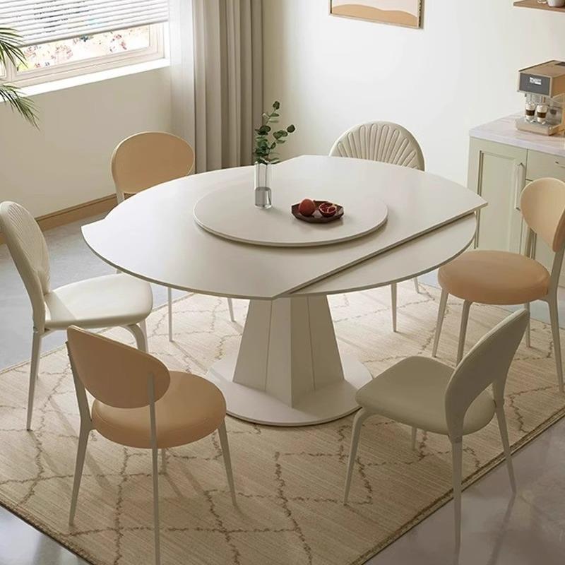 法式奶油风岩板餐桌可伸缩旋转简约客厅小户型圆形饭桌方圆两用