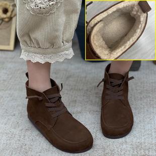 正品 新靴里绒平跟多用途短靴单牛皮囱靴 真皮靴靴秋冬女民烟族风格