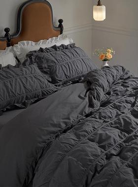 泡泡叶纱荷丨韩式公主风深灰色水洗棉四套全棉cww纯棉40边支件平