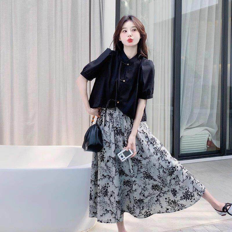 LILY MOST黑色新中式国风套装裙女夏新款流行短袖半身裙两件套潮