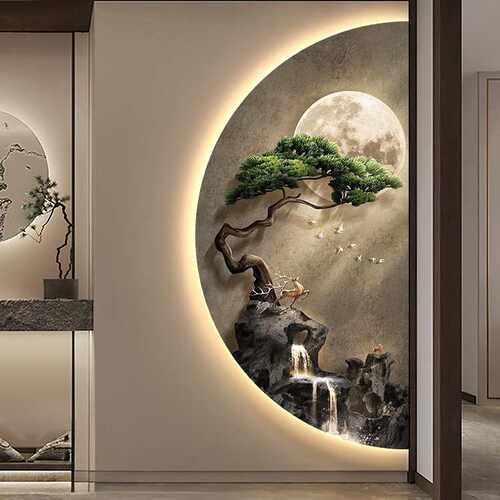 新中式玄关装饰画迎客松入户门走廊过道挂画高级感大气客厅壁灯画