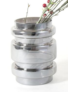 简约现代银白色透明磨砂玻璃不规则圆形水培花瓶插干花花器摆件