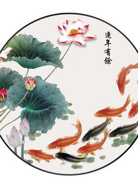 年年有余鱼图客厅餐厅玄关装饰画新中式荷花过道挂画圆形墙壁画