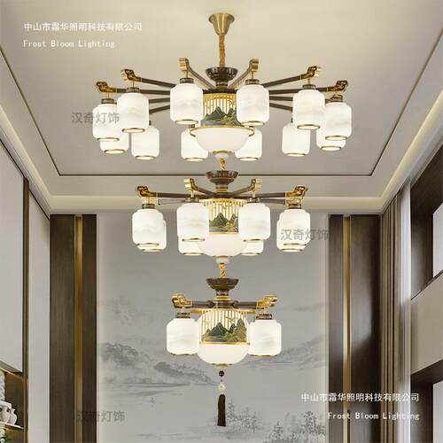新中式复式楼别墅大吊灯挑高挑空跃层多层中空餐厅客厅楼梯长吊灯