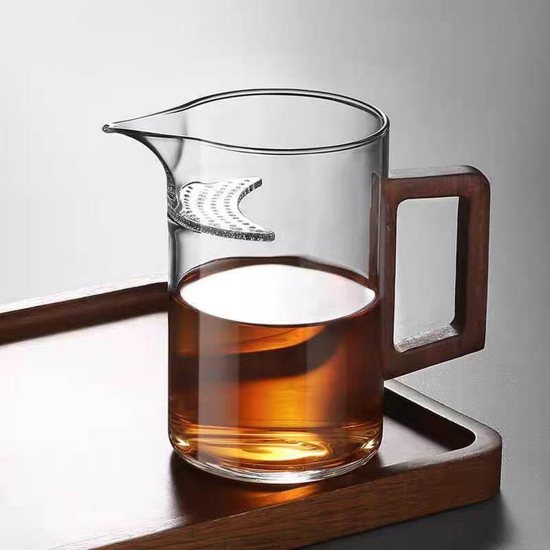 月牙泡茶杯公道杯木把玻璃茶漏一体泡绿茶分茶器茶具公杯带过滤