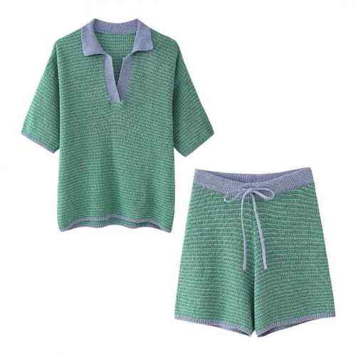 Women's Knitted Shirt Collar Top High Waist Knitted Shorts