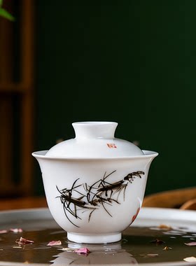 国画虾二才盖碗国家级大师刘培竹手绘主人杯陶瓷茶杯家用茶器送礼