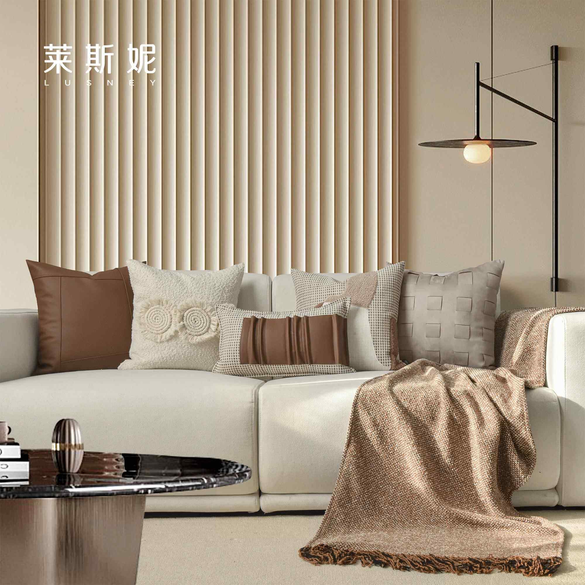 轻奢高级感抱枕沙发咖色皮革棉麻组合宅寂风简约床上客厅靠枕背垫