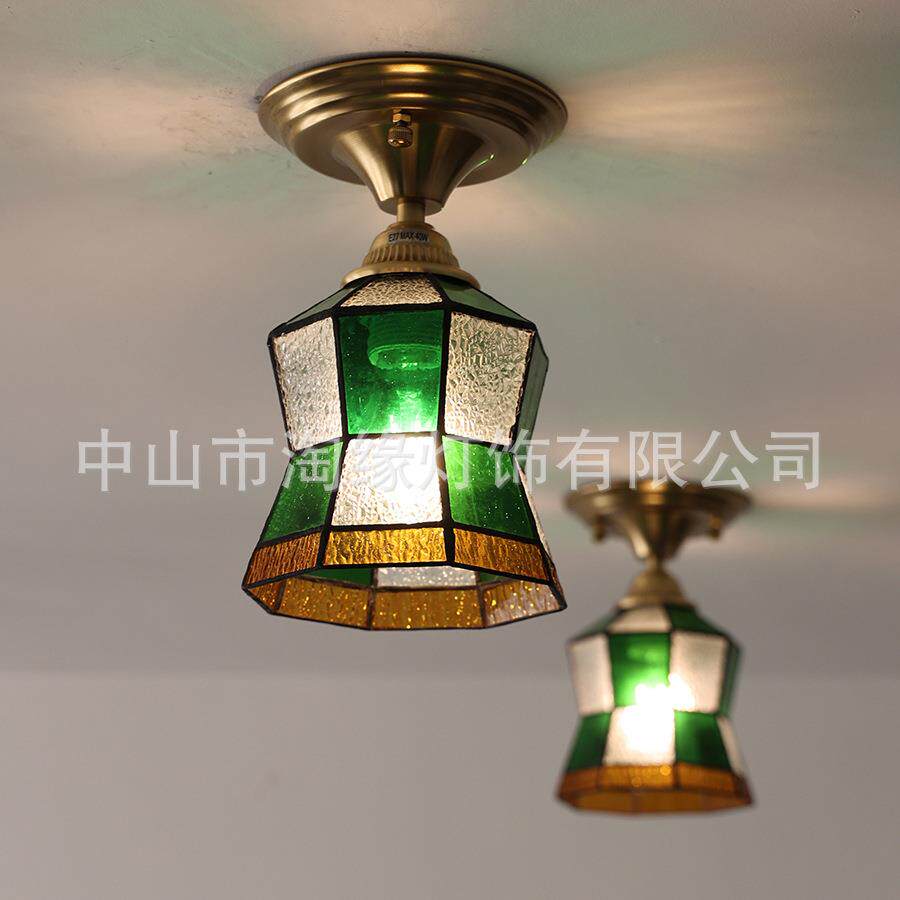 美式复古风彩色玻璃吸顶灯阳台走廊过道玄关小吸顶灯绿色小蛮腰