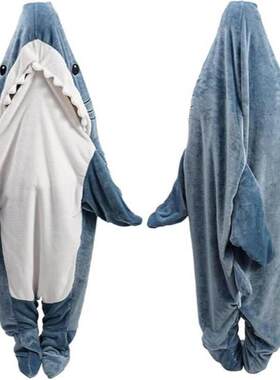 卡通连体秋冬鲨鱼睡袋法兰绒宽松情侣成人野营睡袋加厚保暖家居服