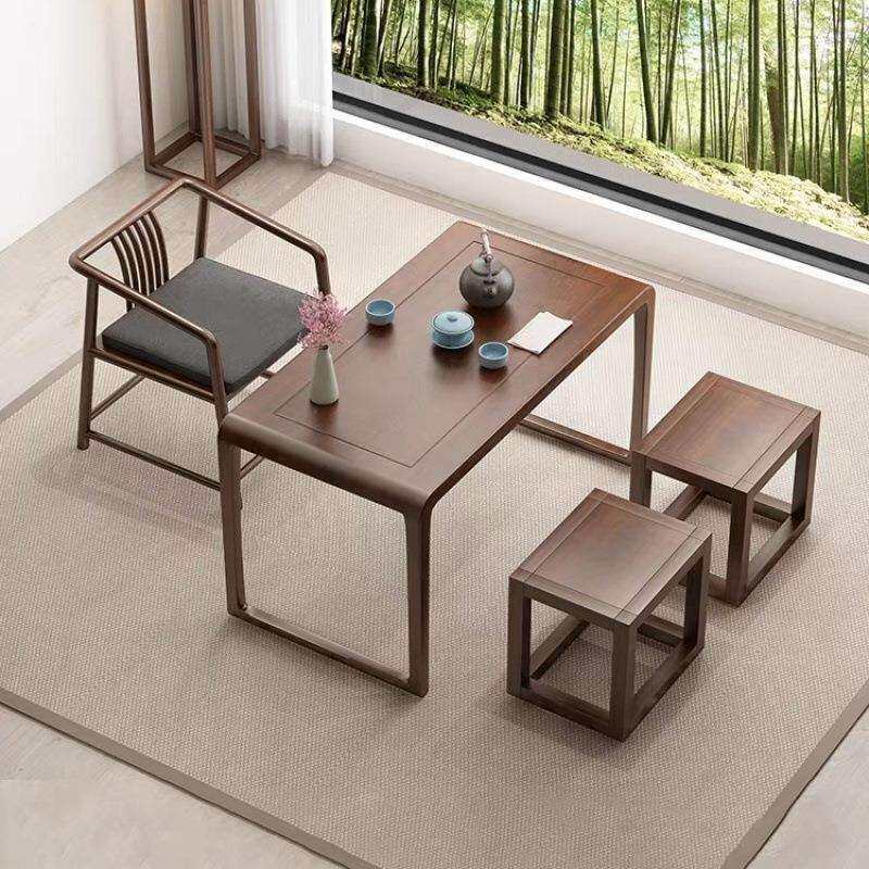 新中式阳台客厅小型实木茶桌老榆木家用胡桃色禅意茶台茶桌一整套
