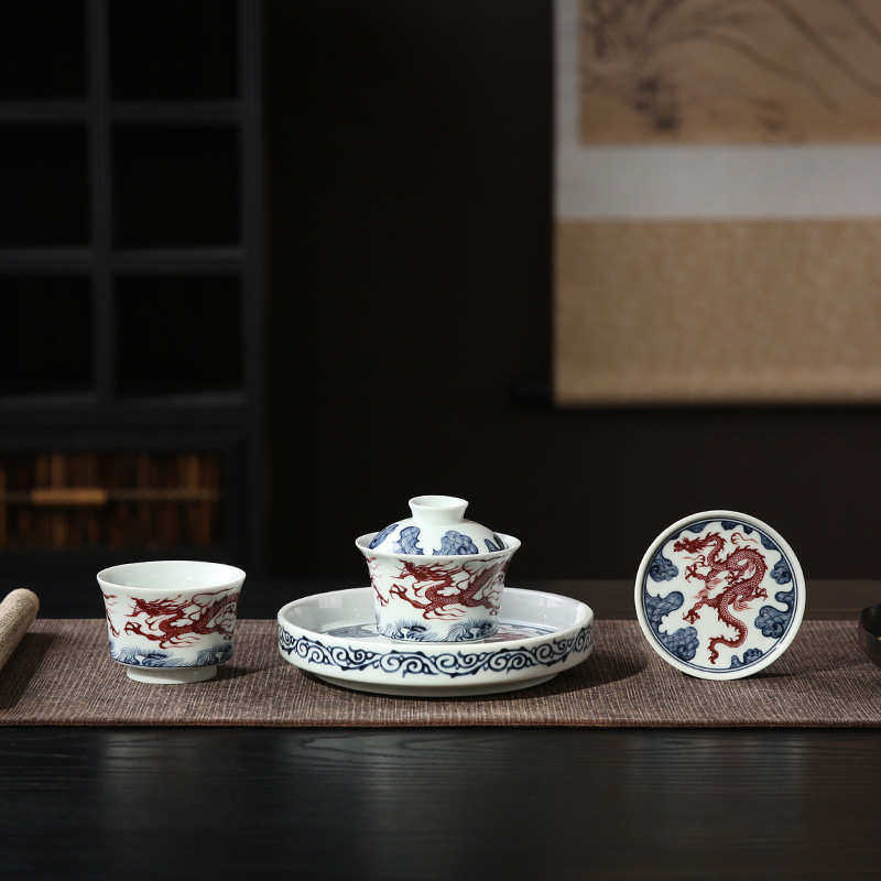 青花瓷批发家用茶碗茶杯单茶具景德镇功夫套装泡茶杯盖碗三才高档