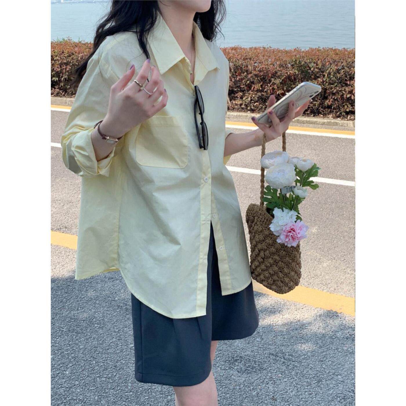 NextMary小清新黄色盐系衬衫女春夏季小个子设计感中长版防晒上衣