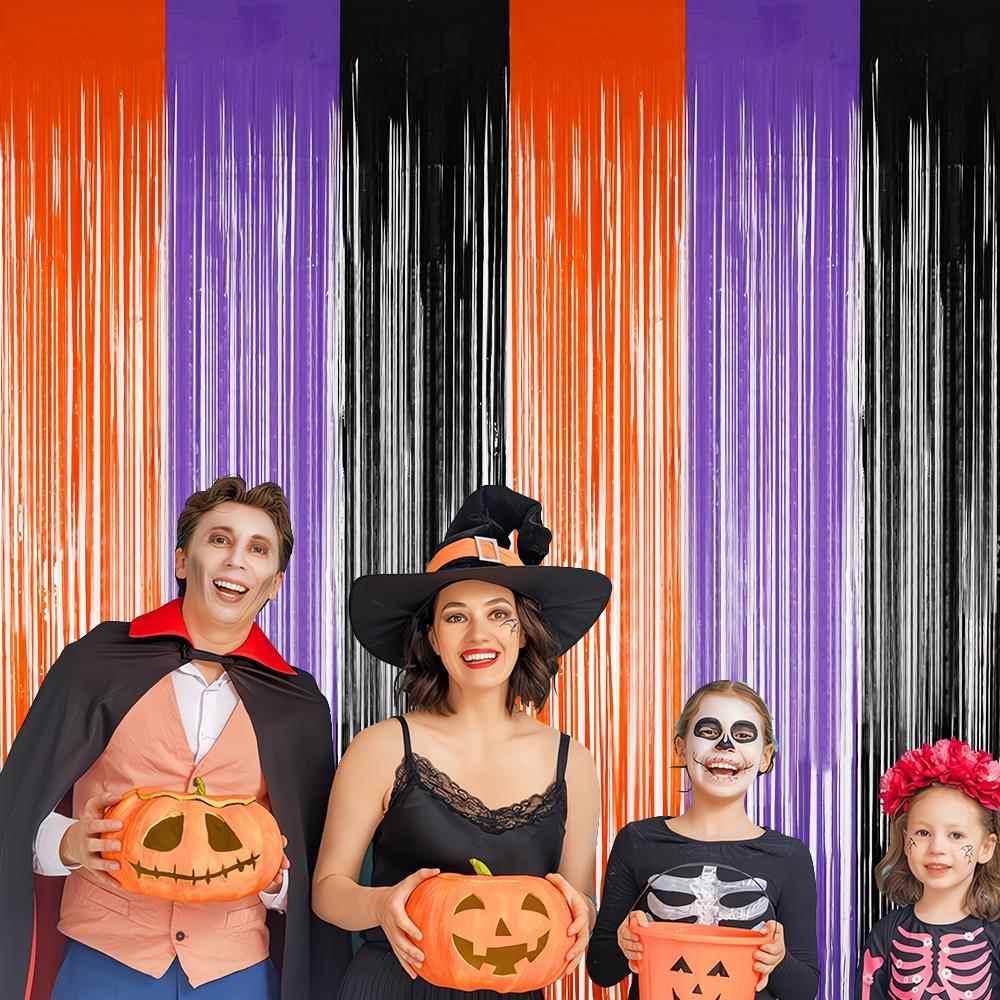 2m橙紫黑雨丝帘万圣节派对舞会背景装饰流苏帘马卡龙拼色雨丝门帘