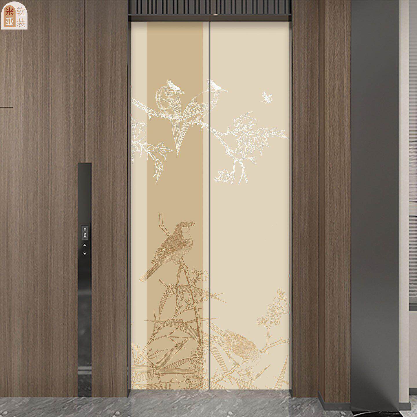 宋氏美学一梯一户门口花鸟装饰入户电梯贴纸中式翻新贴画定制