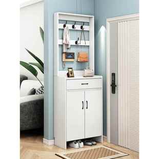 实木鞋柜，家庭入口大容量大厅衣柜，衣架，白色胡桃木色入口储物