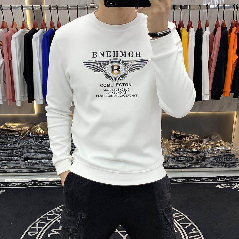 白色卫衣男春秋季新款圆领纯棉印花修身潮流男士长袖打底衫t恤潮