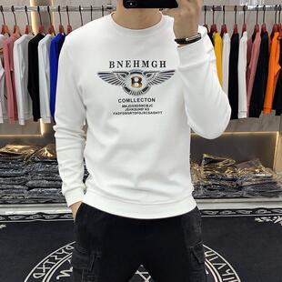 白色卫衣男春秋季新款圆领纯棉印花修身潮流男士长袖打底衫t恤潮