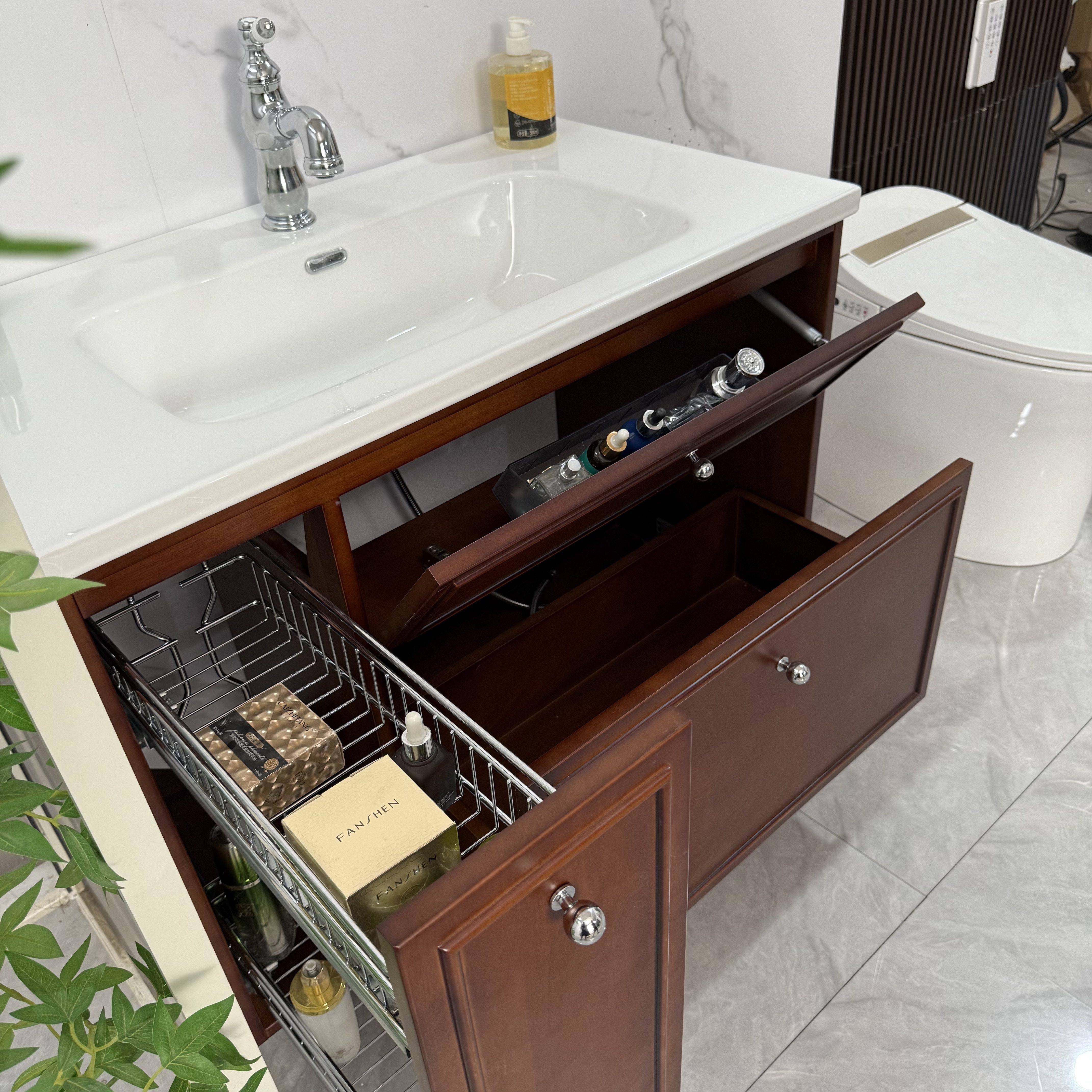 实木烤漆中古风大收纳拉篮抽屉浴室柜组合洗漱台陶瓷一体洗脸手盆,家装主材,浴室柜组合,淘宝优惠券,粉丝福利购,淘宝优惠卷