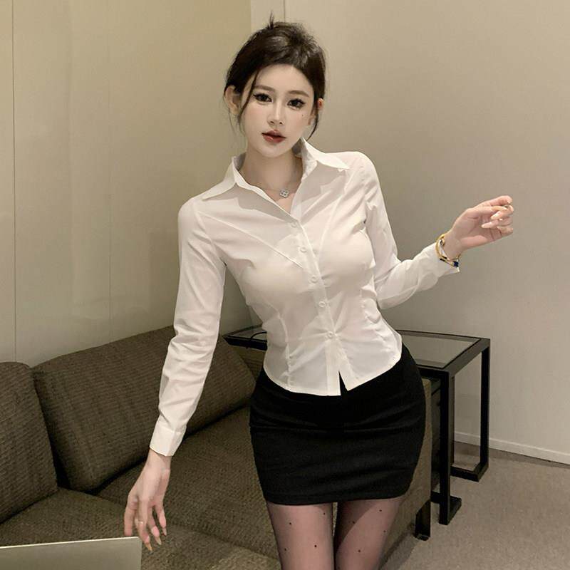 纯欲风衬衫女春秋季性感辣妹紧身ol制服收腰衬衣法式成熟御姐上衣