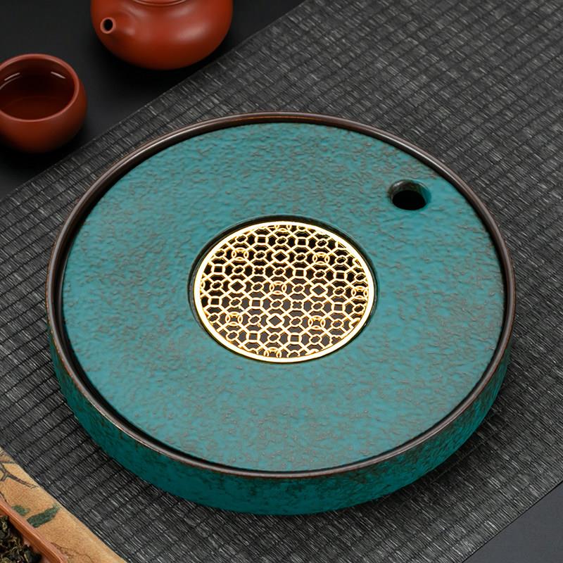 陶瓷吸水茶盘家用茶具泡茶台圆形干泡台蓄水排水式茶杯茶托 托盘