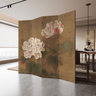 中式复古牡丹屏风折叠移动入户门客厅茶室沙发背景墙隔断中古折屏