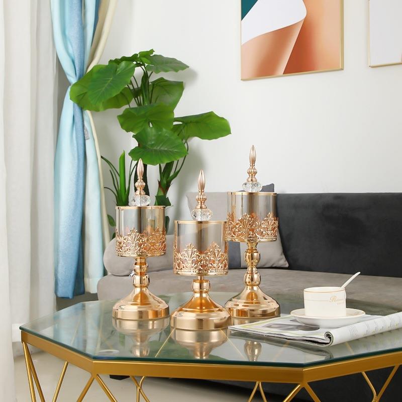 网红欧式轻奢玻璃烛台婚庆餐桌金属摆件浪漫糖果罐果盘装饰品