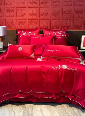 浪漫婚庆100支长绒棉结婚四件套纯色大红色简约全棉纯棉床上用品