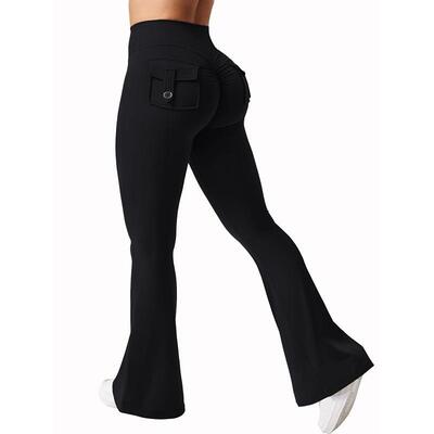 Women Flare Leggings Pants Waist Bell Bottom Pockets