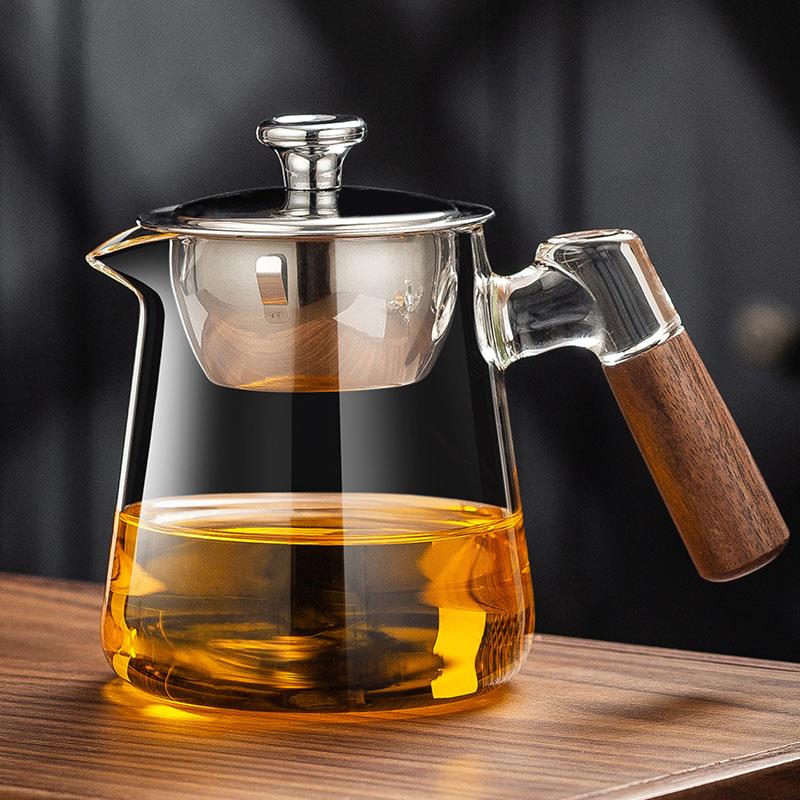 加厚木把玻璃公道杯带茶漏一体带盖子耐高温小青柑冲茶器茶具分茶