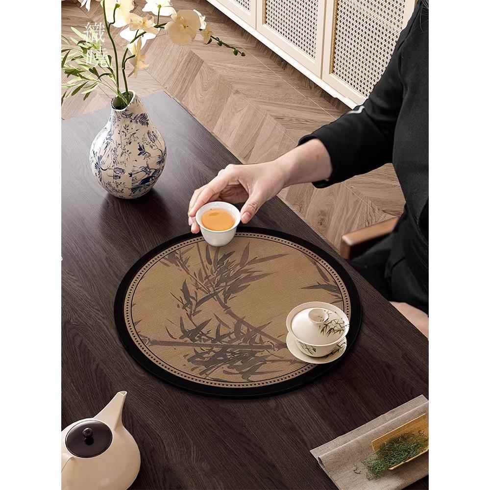 新中式禅意竹子茶席茶垫干泡茶台圆形茶桌垫布硅藻泥吸水桌旗杯垫