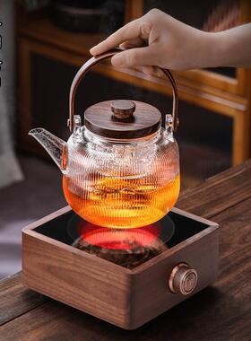 A524胡桃木电陶炉蒸煮两用玻璃壶家用提梁煮茶壶耐高温小型蒸汽煮