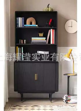 北欧中古工业风实木橡木风琴门黑色书柜展示柜开放式陈列架储物柜