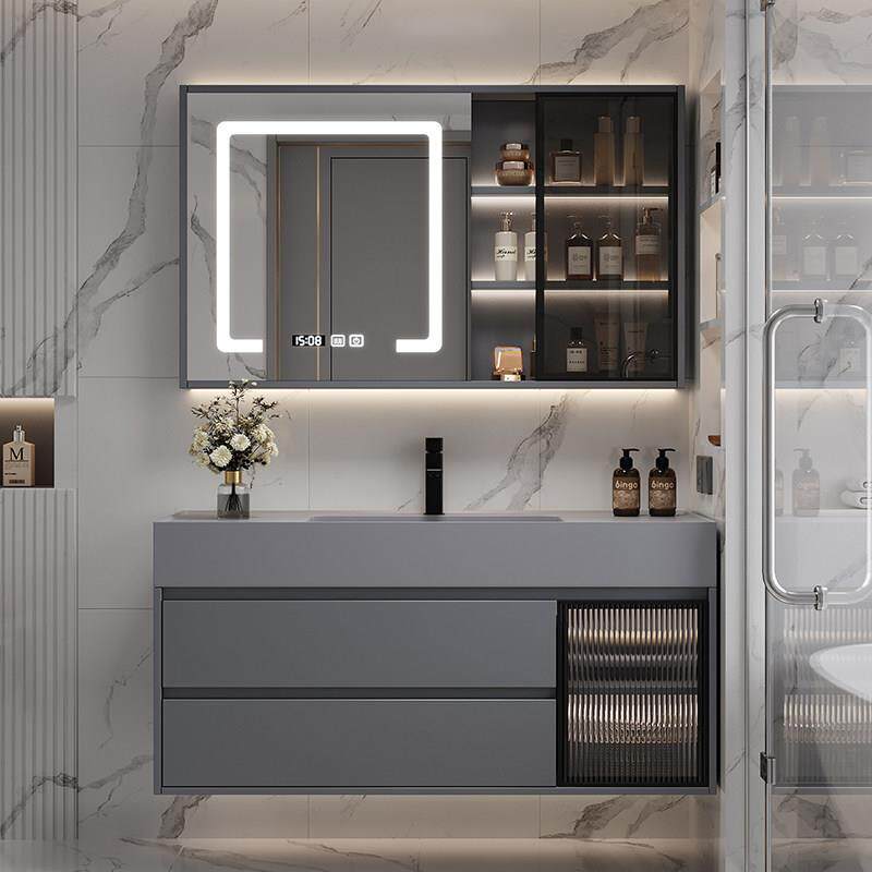 轻奢浴室柜现代简约化妆室岩石一体盆洗脸盆柜组合洗漱桌镜柜套装