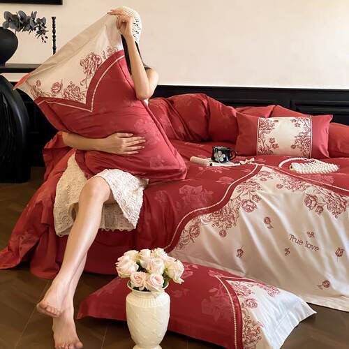 新中式婚庆四件套100支长绒棉红色刺绣花结婚喜被套床上用品