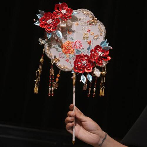 缠花中式婚礼喜扇新娘结婚团扇古风手工diy材料包成品双面秀禾扇