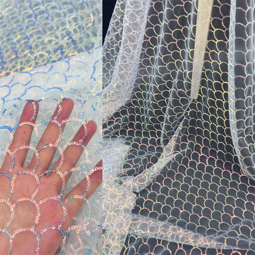 白色幻彩网纱亮片绣布DIY设计师面料连衣裙婚纱礼服鱼鳞亮片面料