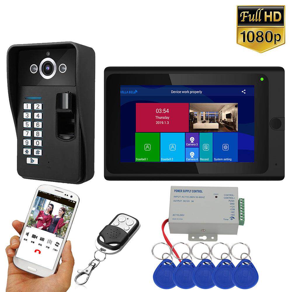 7寸Wifi有线指纹RFID视频对讲门铃AHD1080P门禁远程解锁记录快照