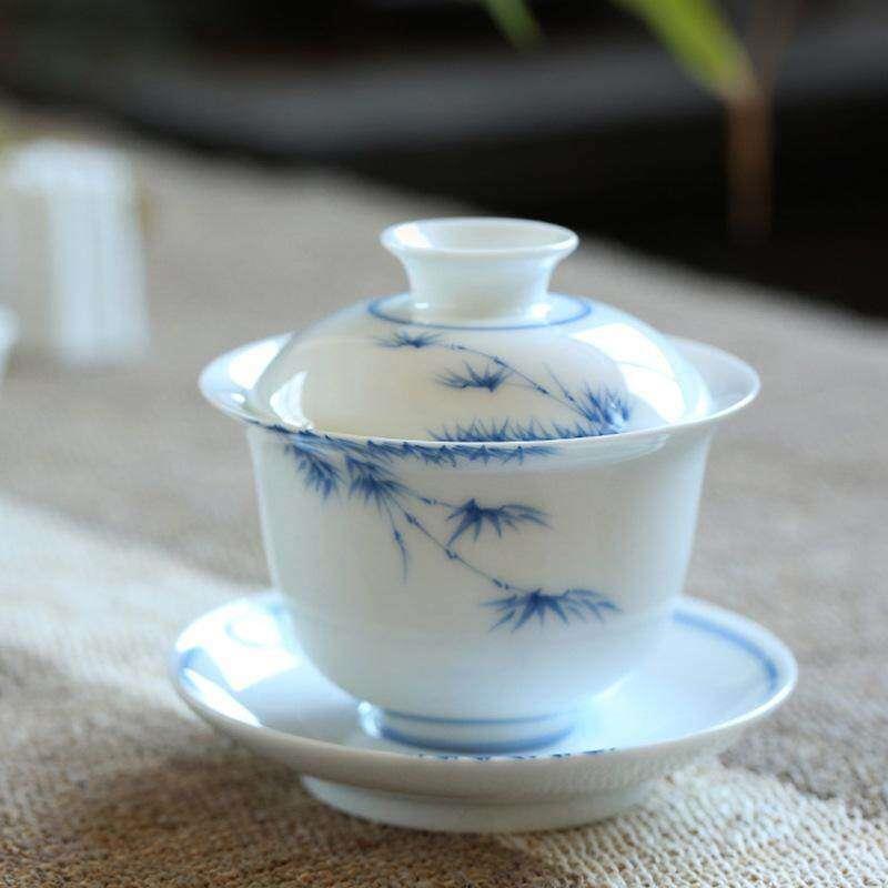 玉泥白瓷盖碗大号不烫手功夫茶具三才陶瓷茶碗茶杯手绘中式复古