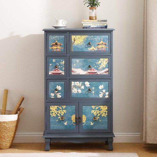 实木床头柜美式复古斗柜卧室复古柜子新中式彩绘置物柜手绘床头柜