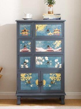 实木床柜美式复古斗柜卧室复古柜子新BCL中式彩置物头绘床柜手绘