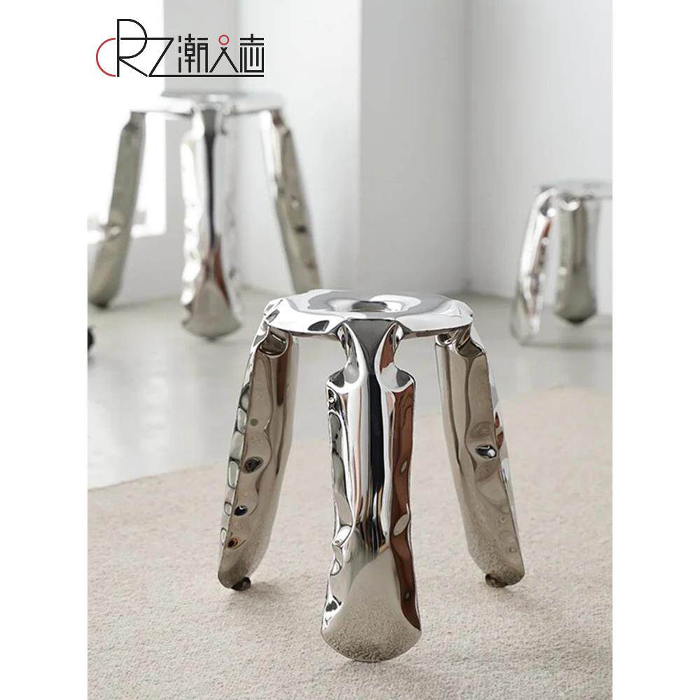 网红ins轻奢设计师不锈钢凳子气球圆凳子金属三脚换鞋凳艺术餐凳