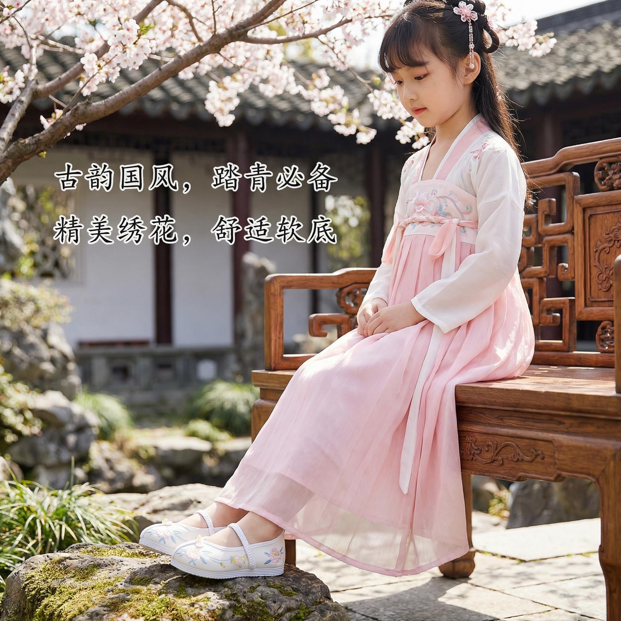 绣花鞋女款古风鞋童鞋新款儿童汉服鞋古装表演鞋子女童公主鞋布鞋图片