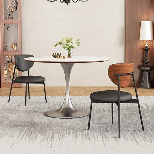 德利丰岩板圆桌法式中古家用小户型饭桌覆古不锈钢郁金香圆形餐桌