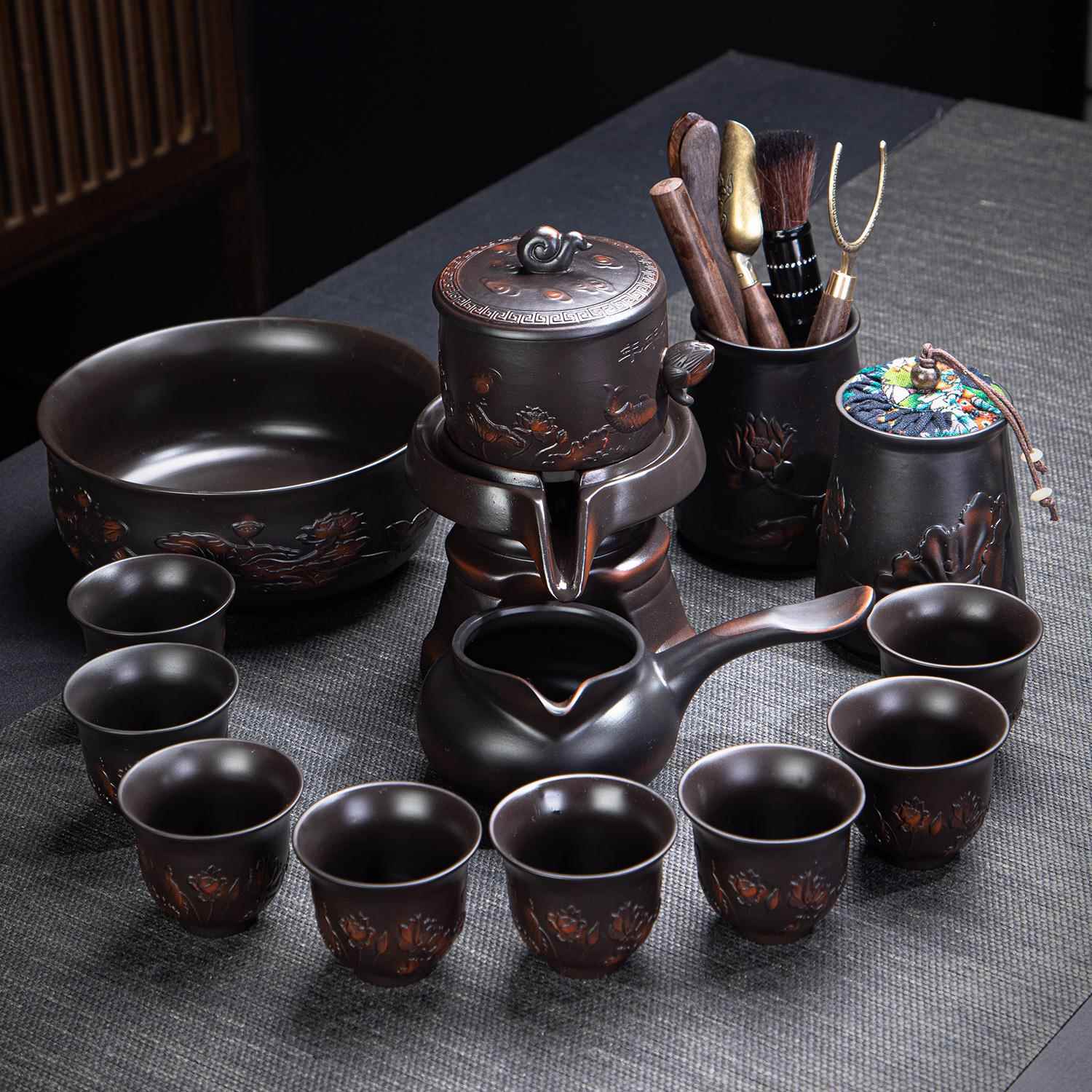 高档紫陶懒人泡茶防烫动旋具套组功夫茶杯茶自具办公家用转石磨茶