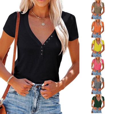 Women'S Summer Casual Henley T-Shirts Short Sleeve V Neck