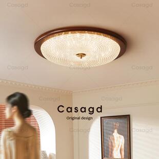 复古实木客厅吸顶灯胡桃木色中古风卧室餐厅书房圆形灯具 casa美式