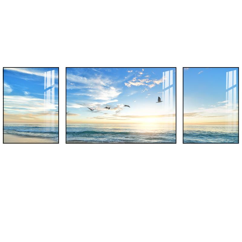 高档现画简约客厅装饰画三联海景发背代景墙挂画大气墙画晶瓷沙画图片